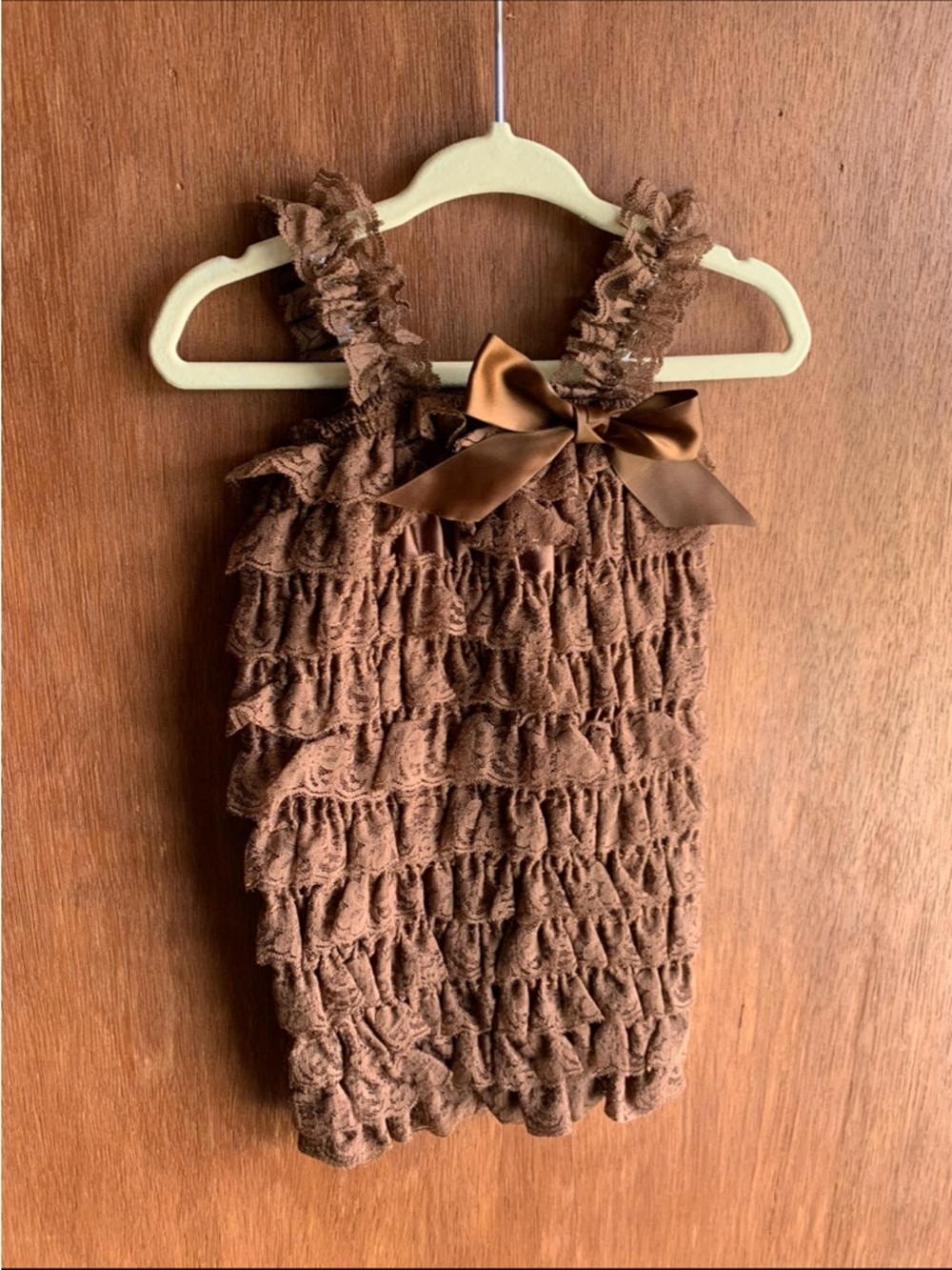 Brown Ruffle Lace Romper with Satin Bow